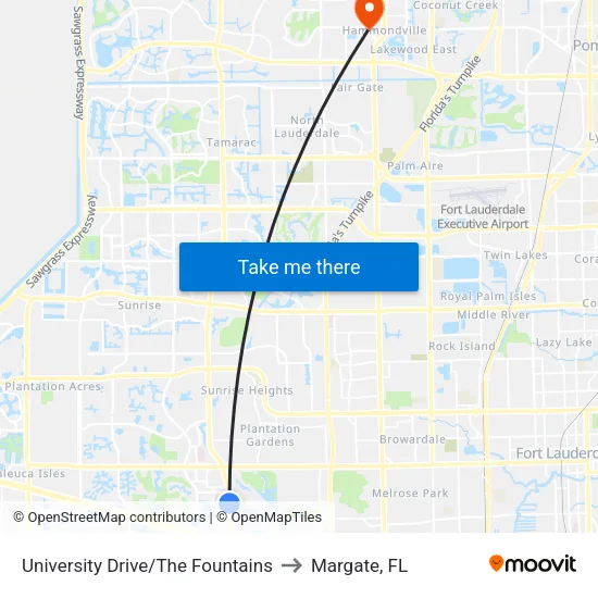 University Drive/The Fountains to Margate, FL map