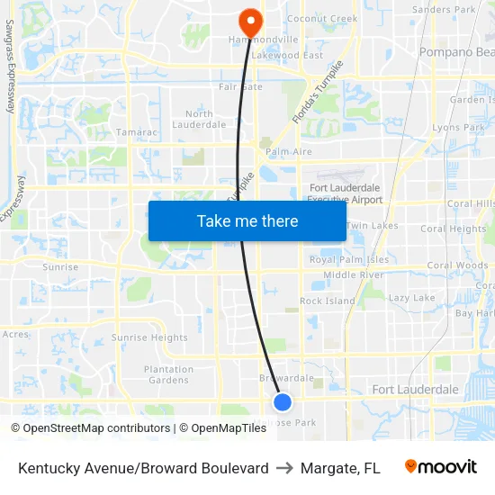Kentucky Avenue/Broward Boulevard to Margate, FL map