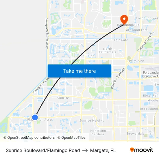 Sunrise Boulevard/Flamingo Road to Margate, FL map