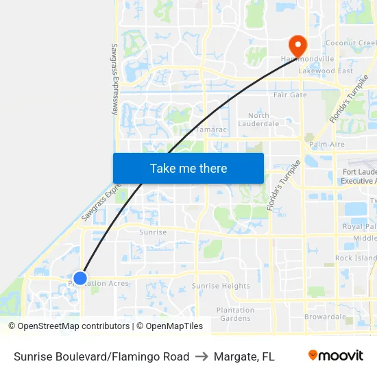 Sunrise Boulevard/Flamingo Road to Margate, FL map