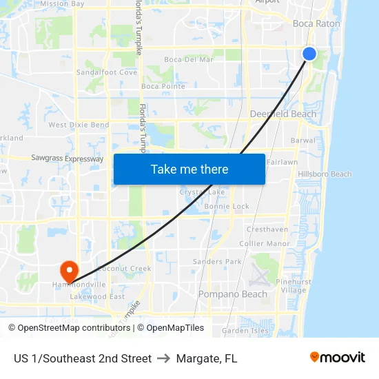 US 1/Southeast 2nd Street to Margate, FL map