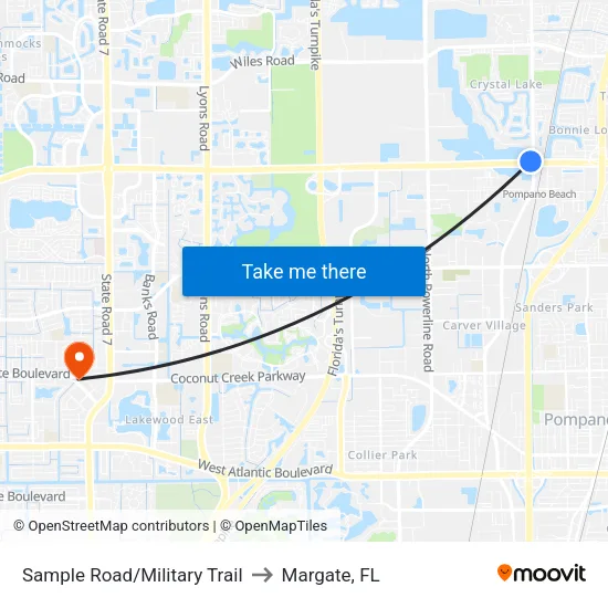 Sample Road/Military Trail to Margate, FL map