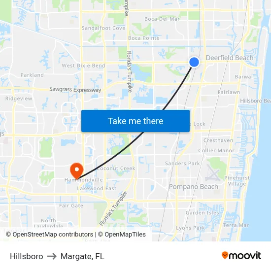 Hillsboro to Margate, FL map