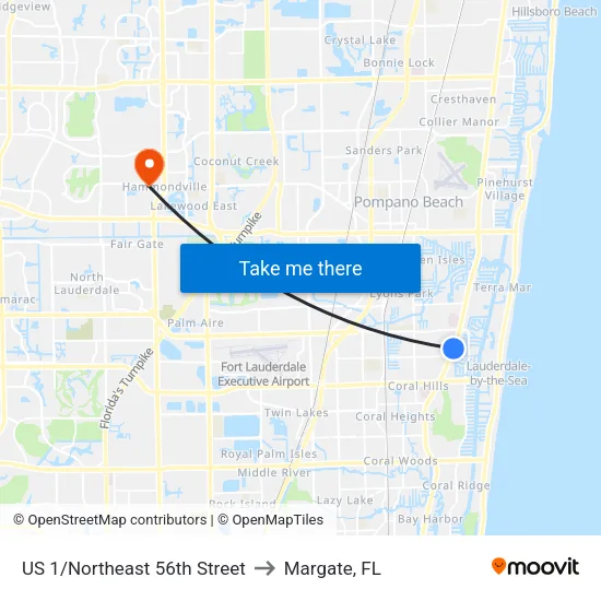 US 1/Northeast 56th Street to Margate, FL map