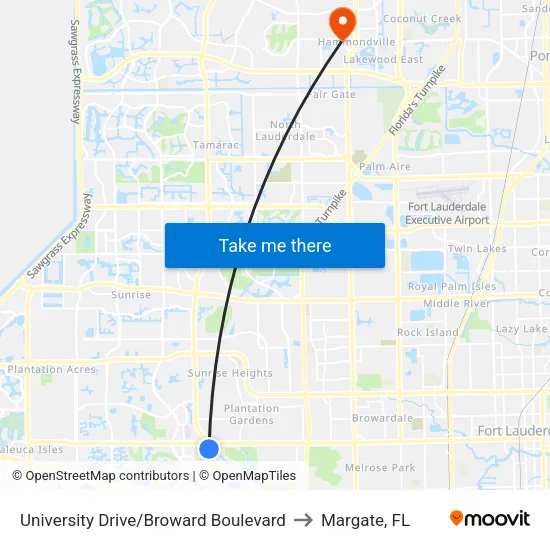 University Drive/Broward Boulevard to Margate, FL map