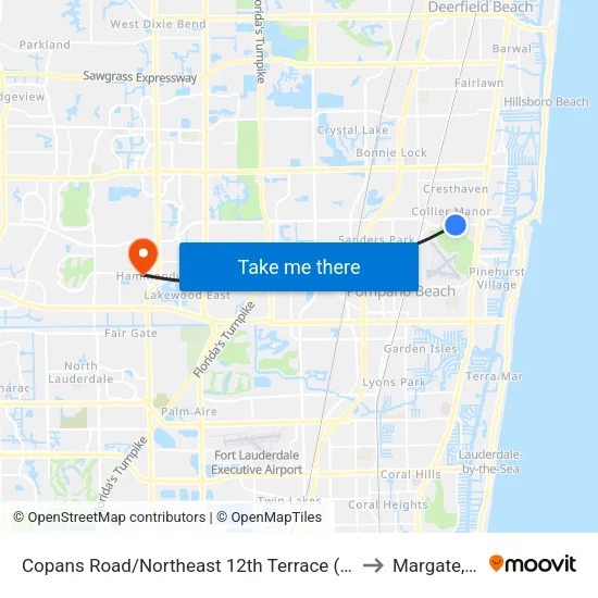 Copans Road/Northeast 12th Terrace (West) to Margate, FL map