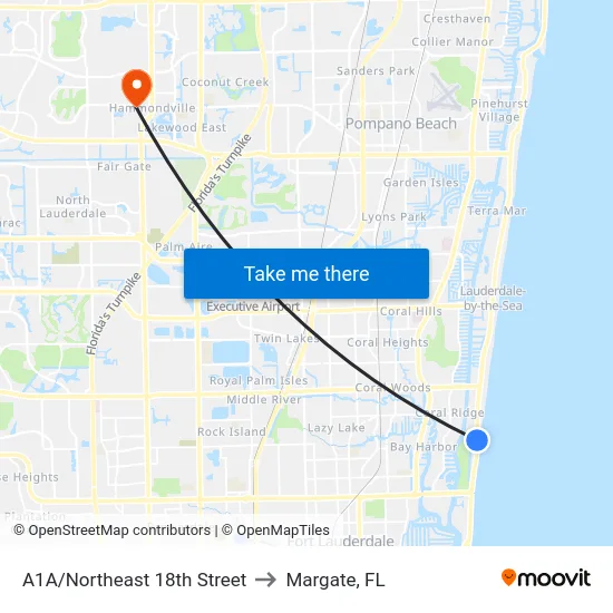 A1A/Northeast 18th Street to Margate, FL map