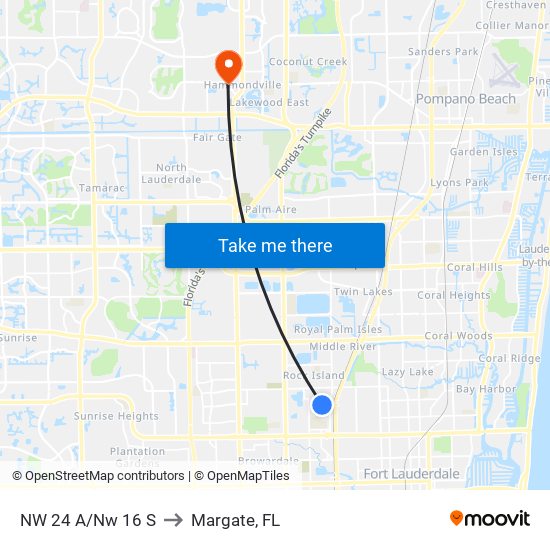 NW 24 A/NW 16 S to Margate, FL map