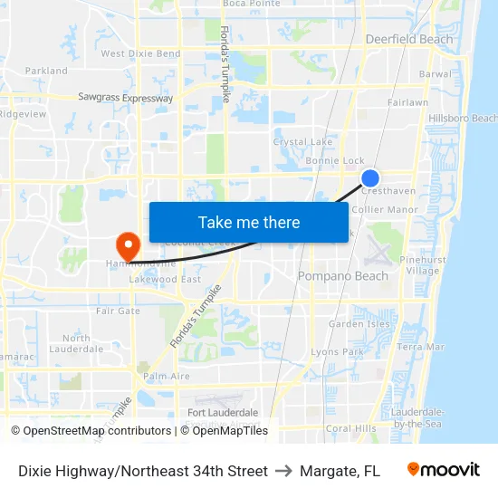 Dixie Highway/Northeast 34th Street to Margate, FL map