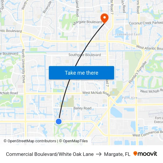 Commercial Boulevard/White Oak Lane to Margate, FL map