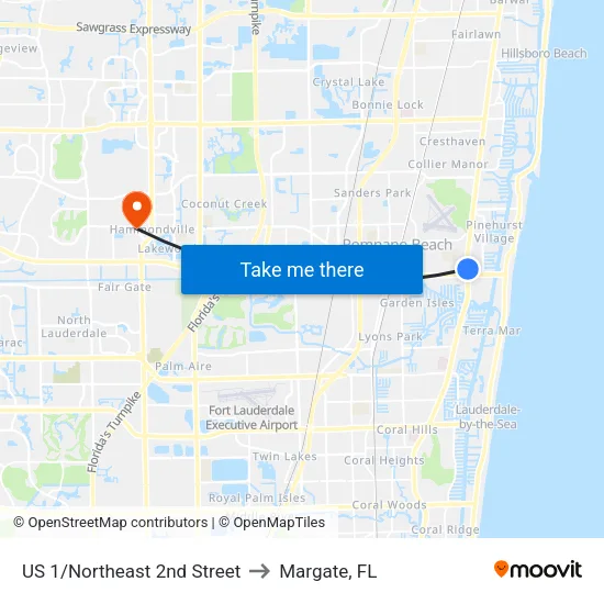 US 1/Northeast 2nd Street to Margate, FL map