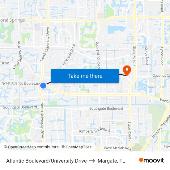 Atlantic Boulevard/University Drive to Margate, FL map
