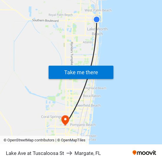 Lake Ave at Tuscaloosa St to Margate, FL map