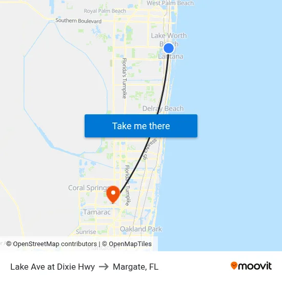 Lake Ave at Dixie Hwy to Margate, FL map