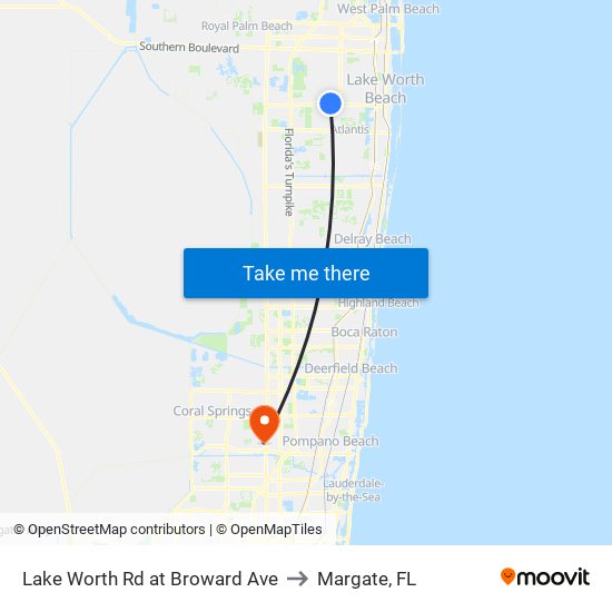 Lake Worth Rd at Broward Ave to Margate, FL map