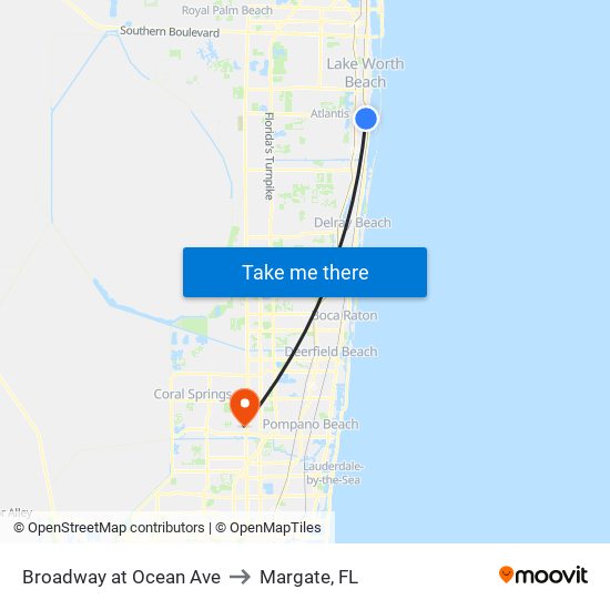 Broadway at Ocean Ave to Margate, FL map