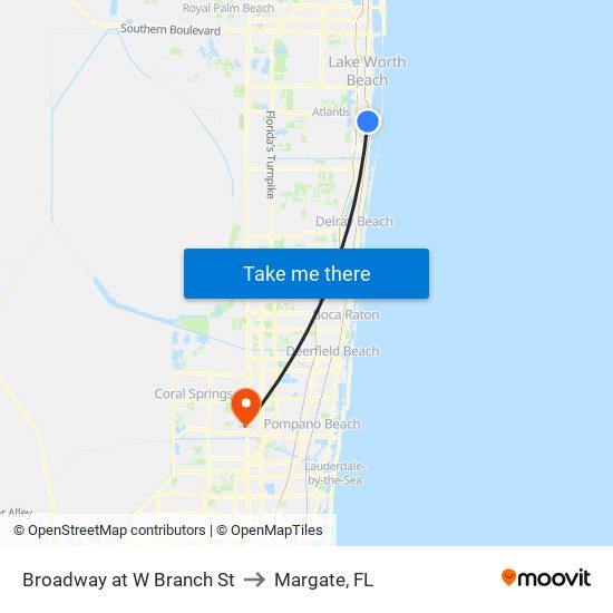 Broadway at  W Branch St to Margate, FL map