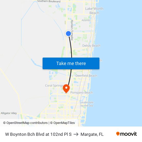 W Boynton Bch Blvd at 102nd Pl S to Margate, FL map