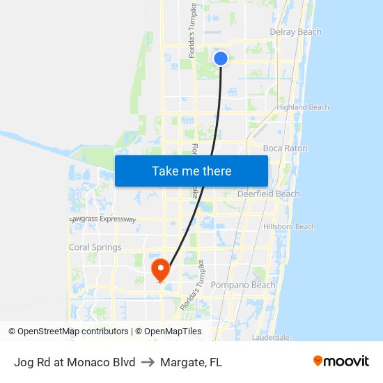 Jog Rd at Monaco Blvd to Margate, FL map