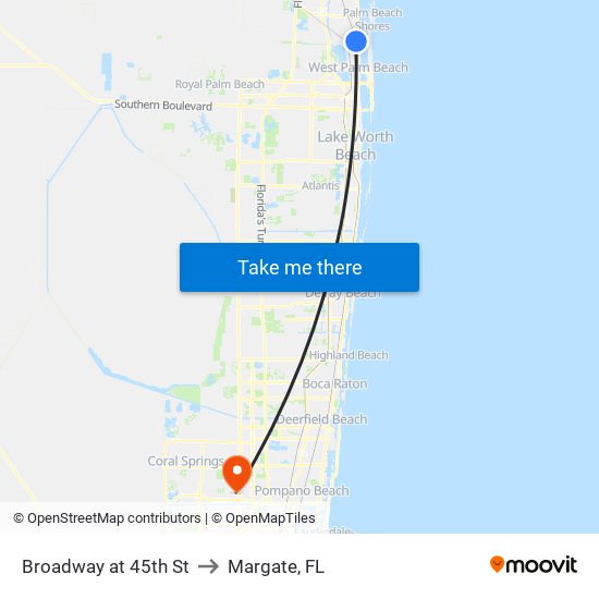 Broadway at 45th St to Margate, FL map