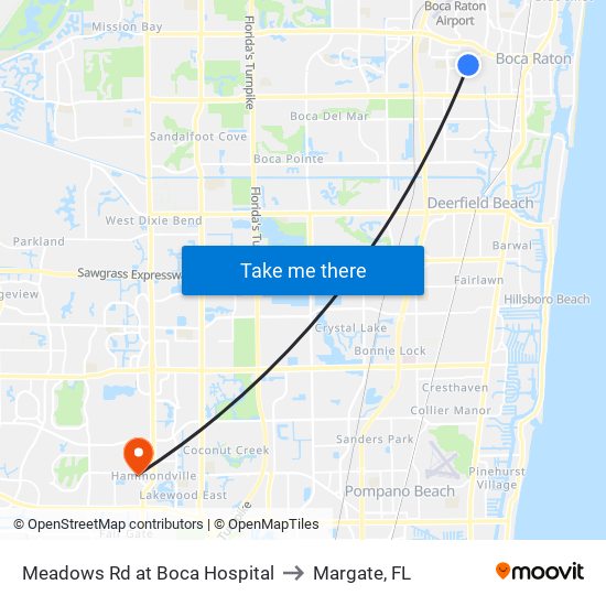 Meadows Rd at Boca Hospital to Margate, FL map