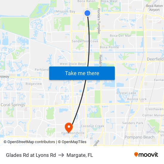 Glades Rd at Lyons Rd to Margate, FL map