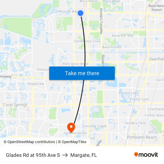 Glades Rd at 95th Ave S to Margate, FL map