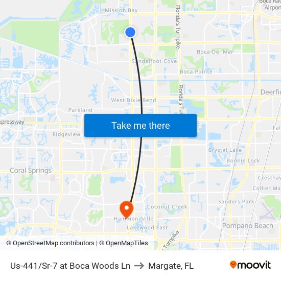 Us-441/Sr-7 at Boca Woods Ln to Margate, FL map