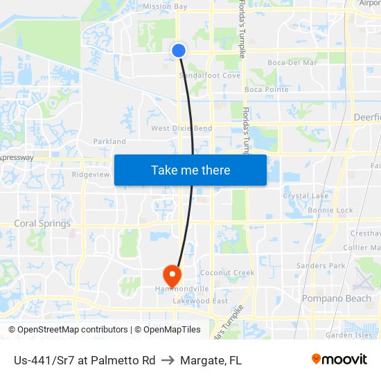 Us-441/Sr7 at Palmetto Rd to Margate, FL map