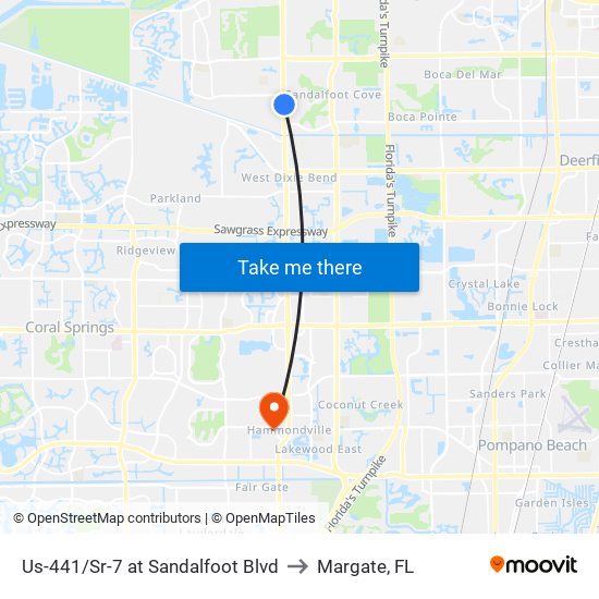 Us-441/Sr-7 at Sandalfoot Blvd to Margate, FL map