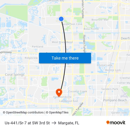 Us-441/Sr-7 at SW 3rd St to Margate, FL map