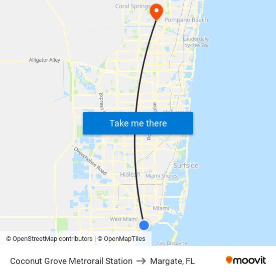 Coconut Grove Metrorail Station to Margate, FL map