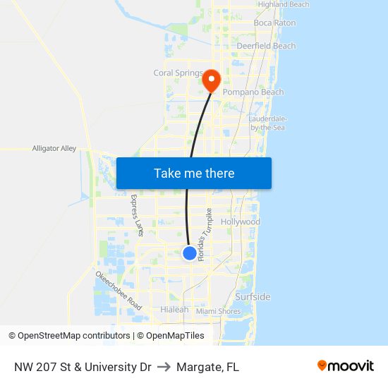 NW 207 St & University Dr to Margate, FL map