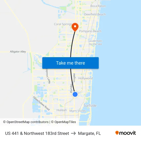 US 441 & Northwest 183rd Street to Margate, FL map