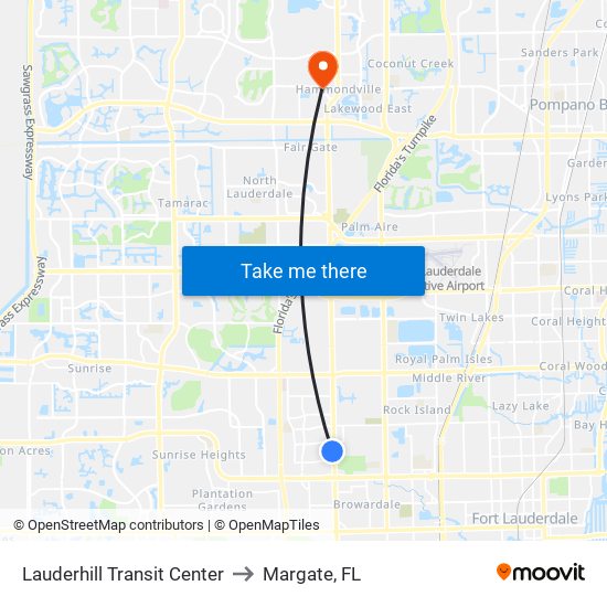 Lauderhill Transit Center to Margate, FL map