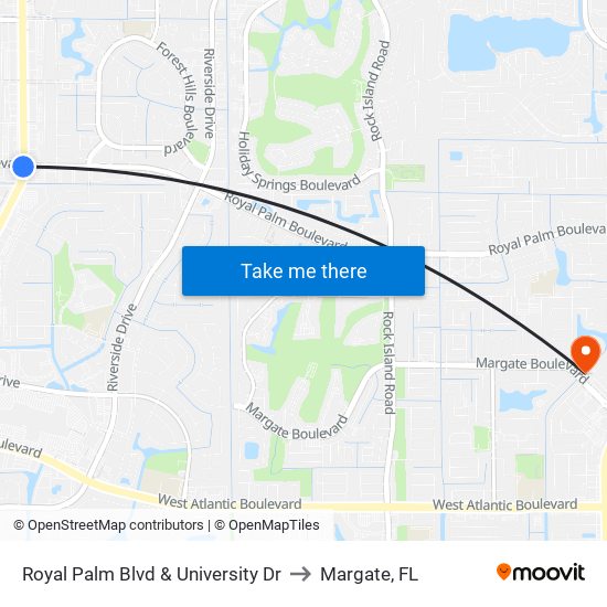 Royal Palm Blvd & University Dr to Margate, FL map