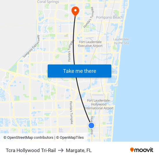 TCRA Hollywood Tri-Rail to Margate, FL map