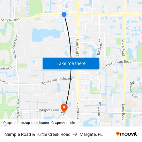 Sample Road & Turtle Creek Road to Margate, FL map