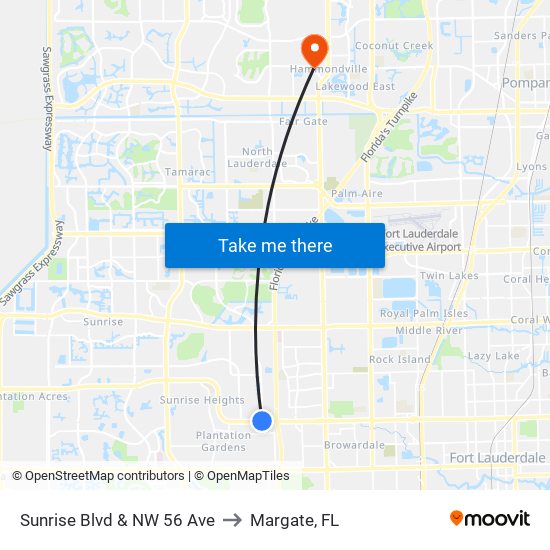 Sunrise Blvd & NW 56 Ave to Margate, FL map