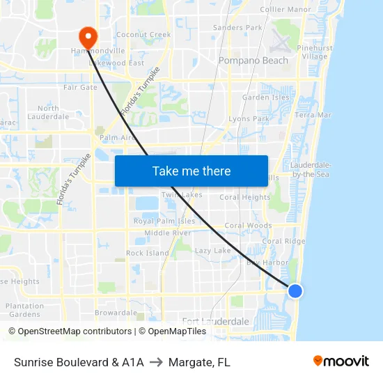 Sunrise Boulevard & A1A to Margate, FL map