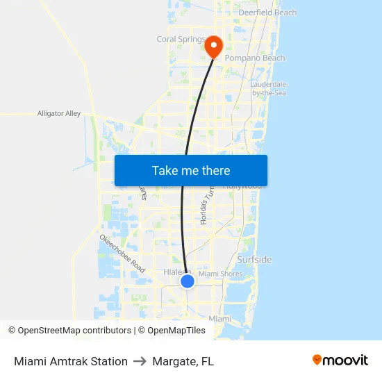 Miami Amtrak Station to Margate, FL map