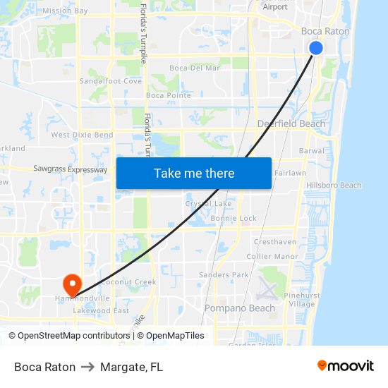 Boca Raton to Margate, FL map