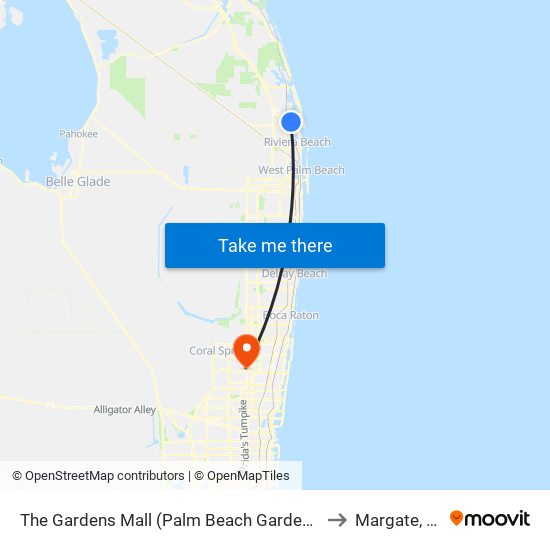 The Gardens Mall (Palm Beach Gardens) to Margate, FL map