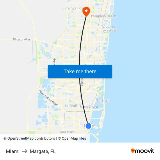 Miami to Margate, FL map