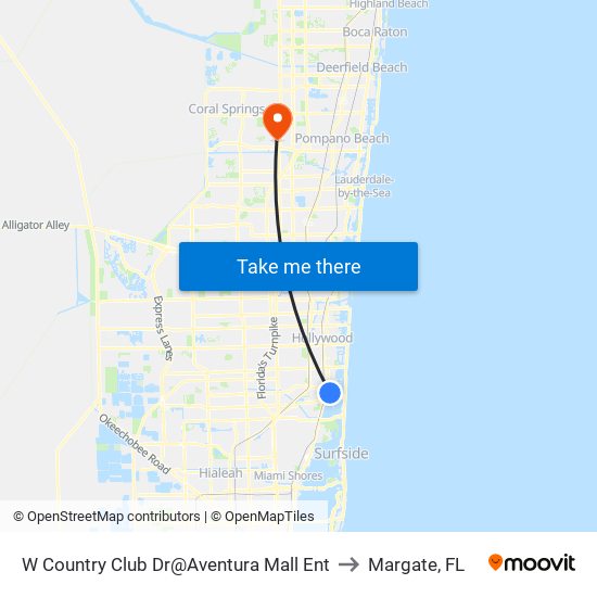 W Country Club Dr@Aventura Mall Ent to Margate, FL map