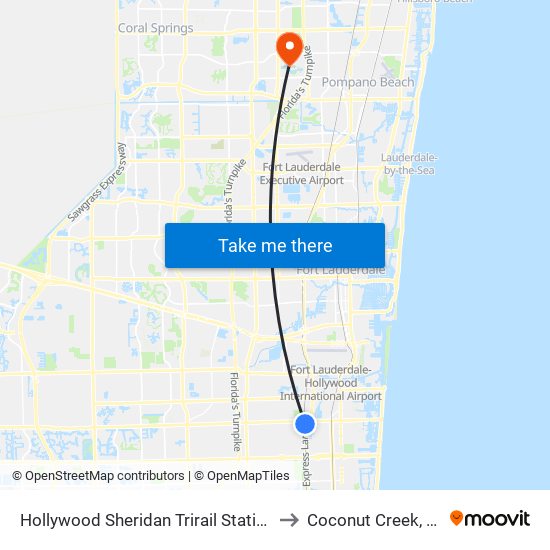 Hollywood Sheridan Trirail Station to Coconut Creek, FL map