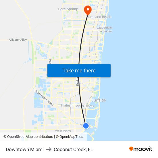 Downtown Miami to Coconut Creek, FL map