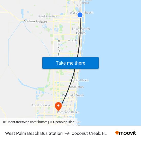 West Palm Beach Bus Station to Coconut Creek, FL map