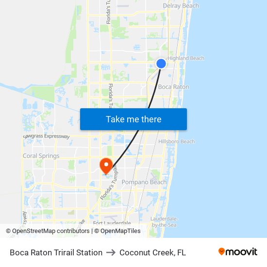 Boca Raton Trirail Station to Coconut Creek, FL map