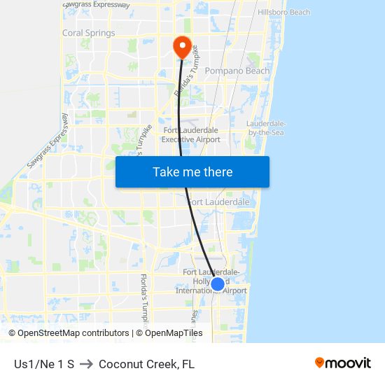 Us1/Ne 1 S to Coconut Creek, FL map